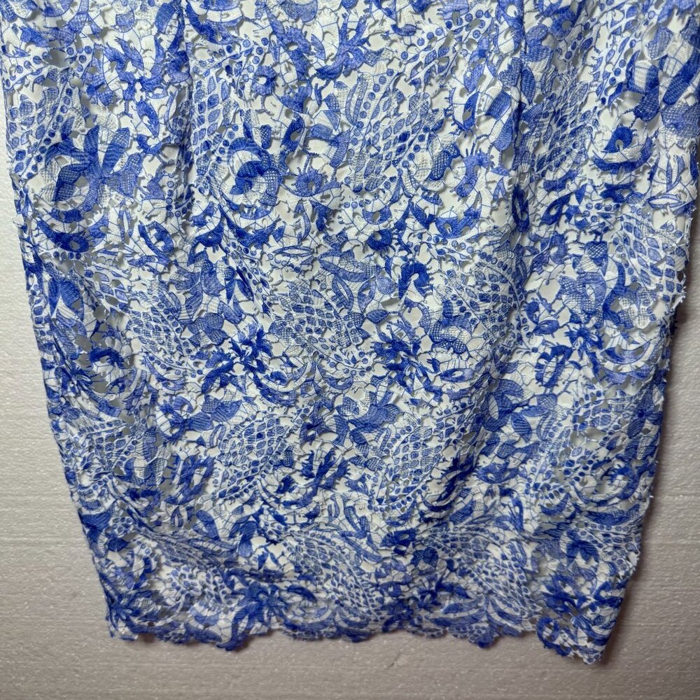 Antonio Melani Womens Size 8 Blue White Lace Floral Sheath Dress Scalloped Hem - Picture 9 of 12